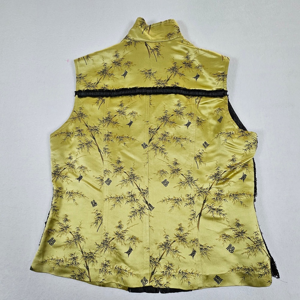 Silk Box Womens Size 10 Green/Gold Bamboo Print Silk Cotton Zip Front Vest Asian - Picture 3 of 10
